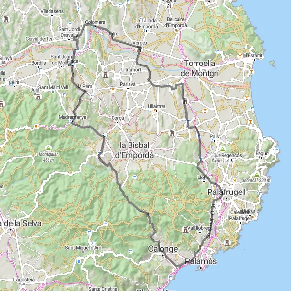 Miniaturní mapa "Okružní cyklistická trasa z Calonge" inspirace pro cyklisty v oblasti Cataluña, Spain. Vytvořeno pomocí plánovače tras Tarmacs.app