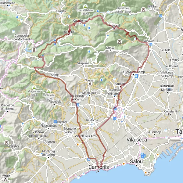 Map miniature of "Cambrils to Castell del Paborde" cycling inspiration in Cataluña, Spain. Generated by Tarmacs.app cycling route planner