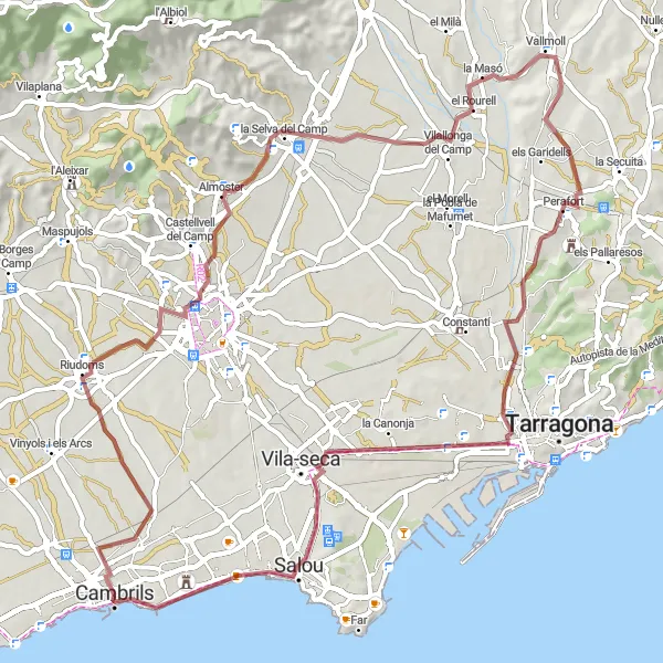 Miniatura della mappa di ispirazione al ciclismo "Avventura ciclistica tra Salou e Tarragona" nella regione di Cataluña, Spain. Generata da Tarmacs.app, pianificatore di rotte ciclistiche