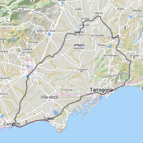 Miniaturní mapa "Cesta kolem Tarragony" inspirace pro cyklisty v oblasti Cataluña, Spain. Vytvořeno pomocí plánovače tras Tarmacs.app