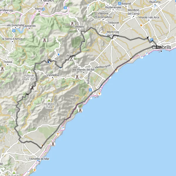 Miniatura della mappa di ispirazione al ciclismo "Tour in bicicletta su strada da Cambrils a Mont-roig del Camp" nella regione di Cataluña, Spain. Generata da Tarmacs.app, pianificatore di rotte ciclistiche