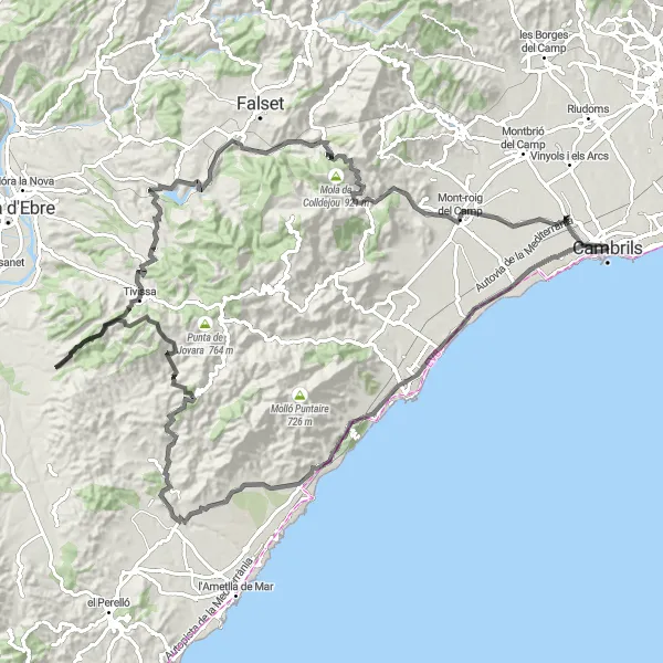 Map miniature of "Mountainous challenge with scenic viewpoints" cycling inspiration in Cataluña, Spain. Generated by Tarmacs.app cycling route planner