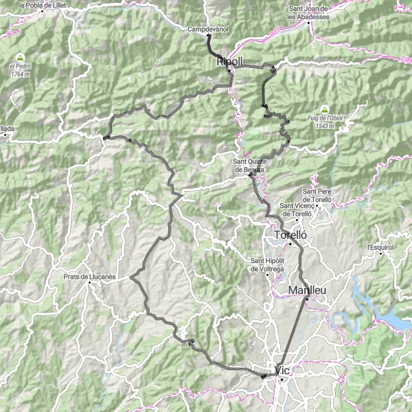 Miniaturní mapa "Cyklistická trasa silnice kolem Campdevànol" inspirace pro cyklisty v oblasti Cataluña, Spain. Vytvořeno pomocí plánovače tras Tarmacs.app