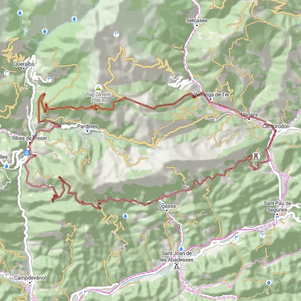 Miniatuurkaart van de fietsinspiratie "Mountainbikeroute vanuit Camprodon naar Torre Cavallera, Collada de la Caritat en meer" in Cataluña, Spain. Gemaakt door de Tarmacs.app fietsrouteplanner