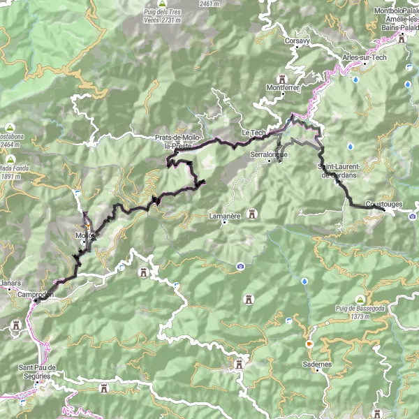 Miniature de la carte de l'inspiration cycliste "Randonnée pittoresque dans les Pyrénées près de Camprodon" dans la Cataluña, Spain. Générée par le planificateur d'itinéraire cycliste Tarmacs.app