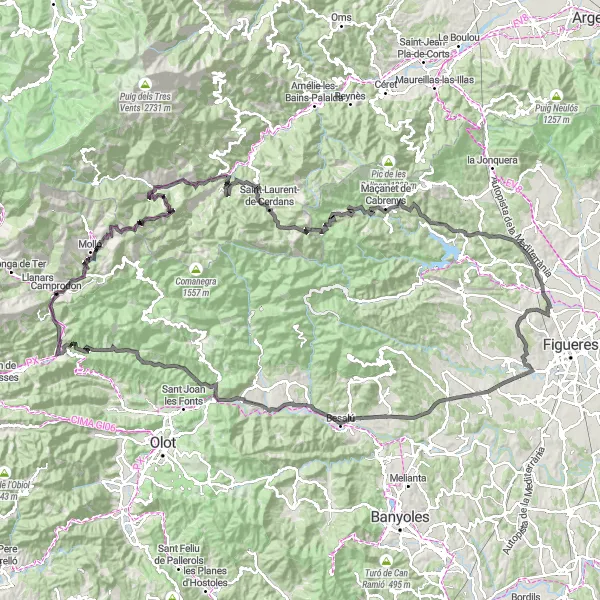 Miniature de la carte de l'inspiration cycliste "Tour de la Serra del Bouchet depuis Camprodon" dans la Cataluña, Spain. Générée par le planificateur d'itinéraire cycliste Tarmacs.app