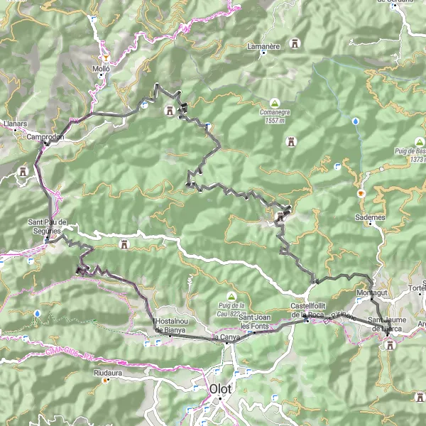 Miniature de la carte de l'inspiration cycliste "Voyage à travers l'histoire et la nature autour de Camprodon" dans la Cataluña, Spain. Générée par le planificateur d'itinéraire cycliste Tarmacs.app