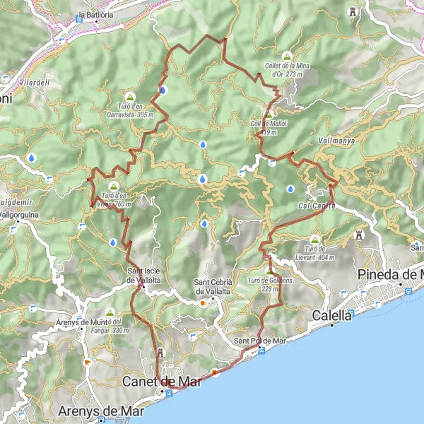 Miniatura della mappa di ispirazione al ciclismo "Gravel Tra i Colli di Canet de Mar" nella regione di Cataluña, Spain. Generata da Tarmacs.app, pianificatore di rotte ciclistiche