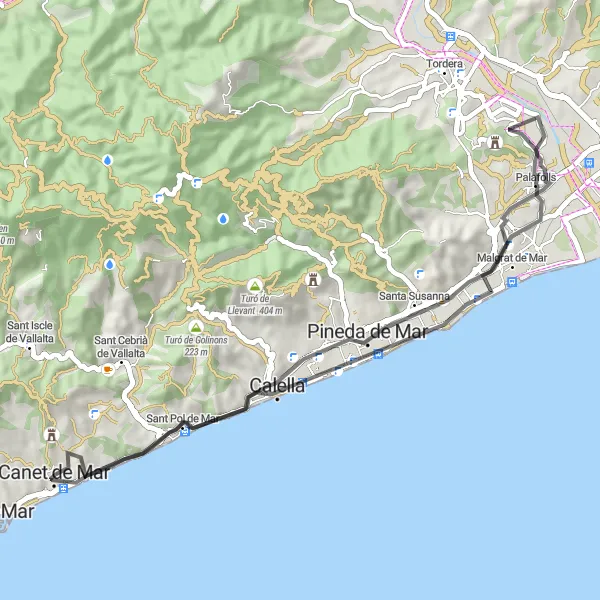 Miniaturní mapa "Krátký cyklistický okruh kolem Canet de Mar" inspirace pro cyklisty v oblasti Cataluña, Spain. Vytvořeno pomocí plánovače tras Tarmacs.app