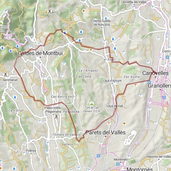 Miniatura della mappa di ispirazione al ciclismo "Gravel tra Canovelles e Lliçà de Vall" nella regione di Cataluña, Spain. Generata da Tarmacs.app, pianificatore di rotte ciclistiche