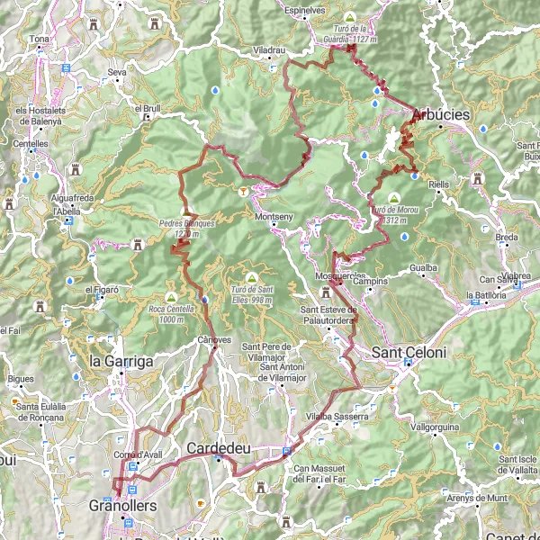 Miniatuurkaart van de fietsinspiratie "Uitdagende gravelrit van Canovelles naar Mosqueroles" in Cataluña, Spain. Gemaakt door de Tarmacs.app fietsrouteplanner