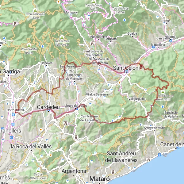 Miniatura della mappa di ispirazione al ciclismo "Gravel tra Canovelles e Llinars del Vallès" nella regione di Cataluña, Spain. Generata da Tarmacs.app, pianificatore di rotte ciclistiche