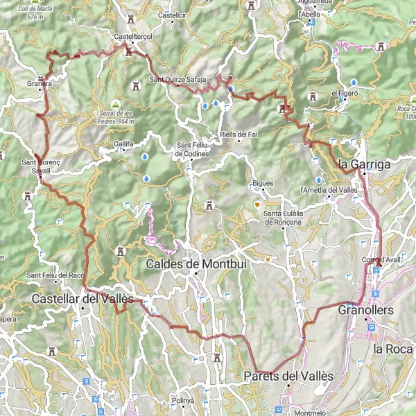 Miniatura della mappa di ispirazione al ciclismo "Avventura in Gravel tra Canovelles e Corró d'Avall" nella regione di Cataluña, Spain. Generata da Tarmacs.app, pianificatore di rotte ciclistiche