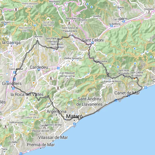 Miniatura della mappa di ispirazione al ciclismo "Giro panoramico tra colline e coste" nella regione di Cataluña, Spain. Generata da Tarmacs.app, pianificatore di rotte ciclistiche