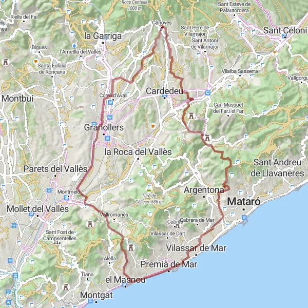 Miniatuurkaart van de fietsinspiratie "Rondrit met gravel fiets vanuit Cànoves i Samalus" in Cataluña, Spain. Gemaakt door de Tarmacs.app fietsrouteplanner