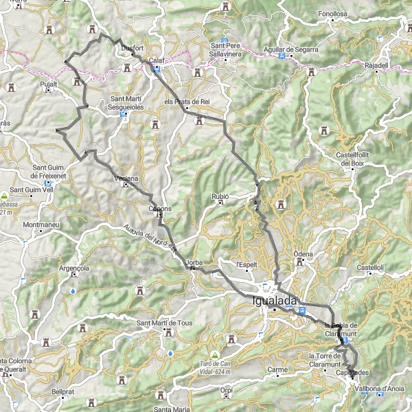 Karten-Miniaturansicht der Radinspiration "Kleine Dörfer und Panoramaansichten auf dieser 89 km langen Straßenradtour" in Cataluña, Spain. Erstellt vom Tarmacs.app-Routenplaner für Radtouren