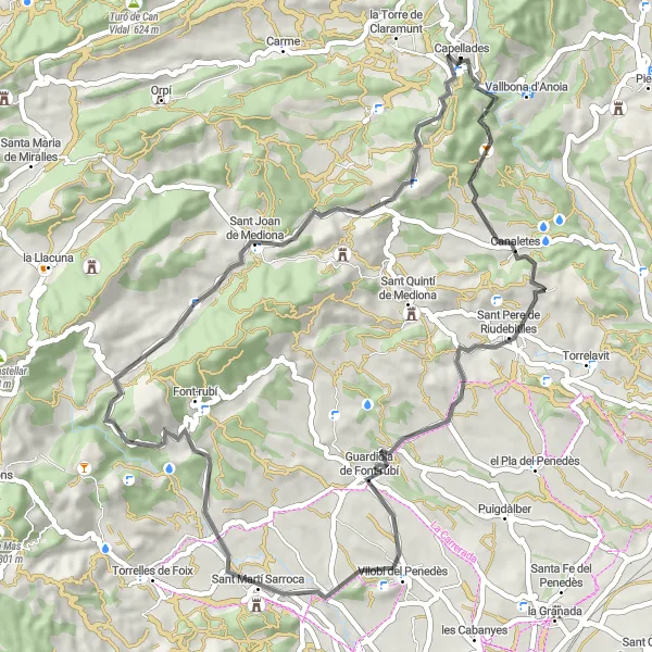 Miniatuurkaart van de fietsinspiratie "Rocacorba Wielrennen" in Cataluña, Spain. Gemaakt door de Tarmacs.app fietsrouteplanner