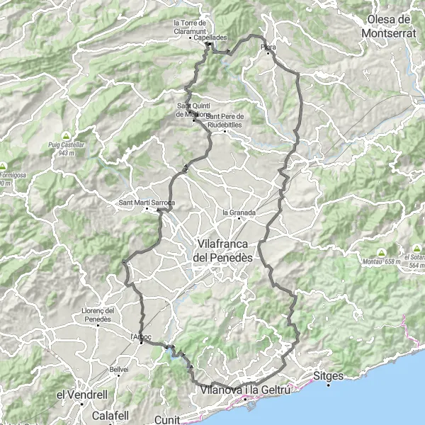 Miniature de la carte de l'inspiration cycliste "Les Collines de l'Anoia" dans la Cataluña, Spain. Générée par le planificateur d'itinéraire cycliste Tarmacs.app