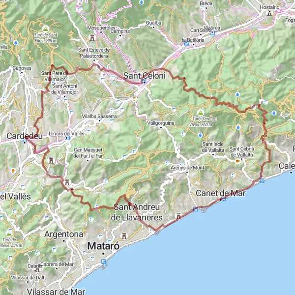 Map miniature of "Cardedeu to Sant Celoni Gravel Adventure" cycling inspiration in Cataluña, Spain. Generated by Tarmacs.app cycling route planner