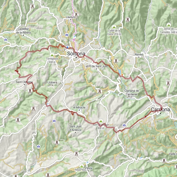 Miniature de la carte de l'inspiration cycliste "Circuit des collines de Cardona" dans la Cataluña, Spain. Générée par le planificateur d'itinéraire cycliste Tarmacs.app