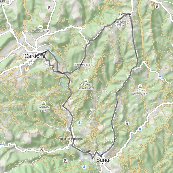 Miniatua del mapa de inspiración ciclista "Ruta en Carretera al Castell de Súria" en Cataluña, Spain. Generado por Tarmacs.app planificador de rutas ciclistas