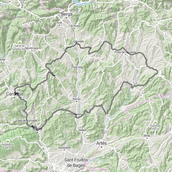 Map miniature of "Road Cycling Adventure in Cardona" cycling inspiration in Cataluña, Spain. Generated by Tarmacs.app cycling route planner