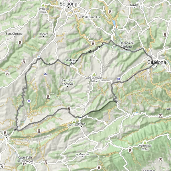 Map miniature of "Scenic Road Cycling Tour near Cardona" cycling inspiration in Cataluña, Spain. Generated by Tarmacs.app cycling route planner
