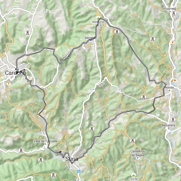 Miniatura della mappa di ispirazione al ciclismo "Rotta tra monasteri e castelli" nella regione di Cataluña, Spain. Generata da Tarmacs.app, pianificatore di rotte ciclistiche