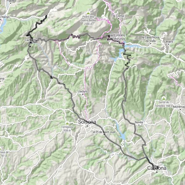 Miniatua del mapa de inspiración ciclista "Gran Ruta de Montaña a Sant Llorenç de Morunys" en Cataluña, Spain. Generado por Tarmacs.app planificador de rutas ciclistas
