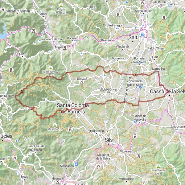 Karten-Miniaturansicht der Radinspiration "Cassà de la Selva - Santa Coloma de Farners - Cassà de la Selva" in Cataluña, Spain. Erstellt vom Tarmacs.app-Routenplaner für Radtouren