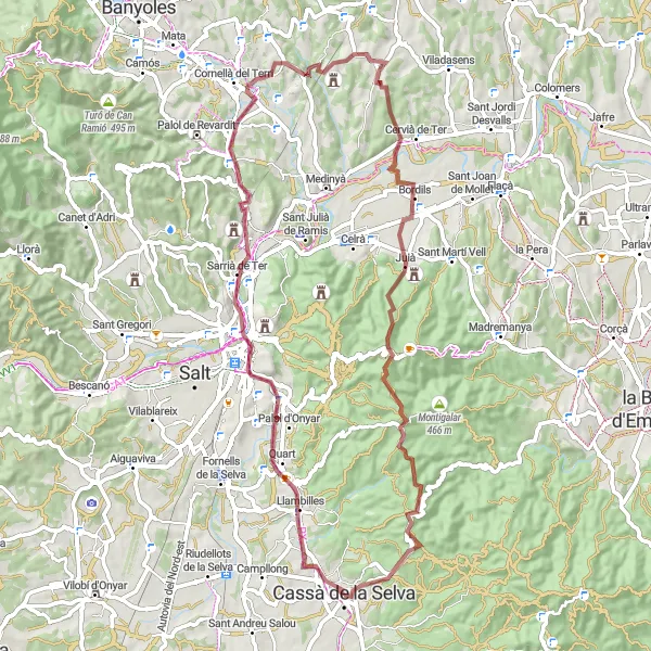 Miniatuurkaart van de fietsinspiratie "Grindpad naar Sarrià de Ter en Juià" in Cataluña, Spain. Gemaakt door de Tarmacs.app fietsrouteplanner