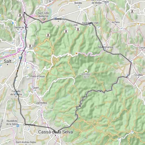 Map miniature of "Road Cycling Tour to Girona and Surrounding Villages" cycling inspiration in Cataluña, Spain. Generated by Tarmacs.app cycling route planner
