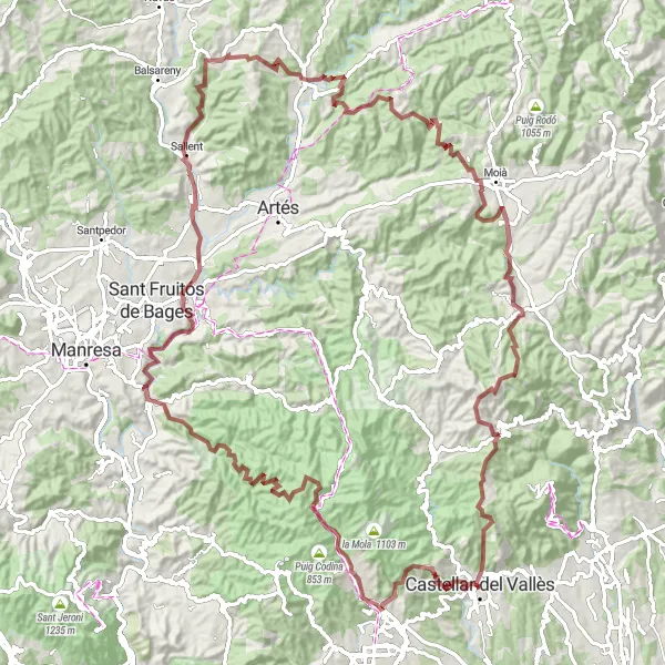 Miniatura della mappa di ispirazione al ciclismo "Avventura in bicicletta fuoristrada tra le montagne circostanti Castellar del Vallès" nella regione di Cataluña, Spain. Generata da Tarmacs.app, pianificatore di rotte ciclistiche