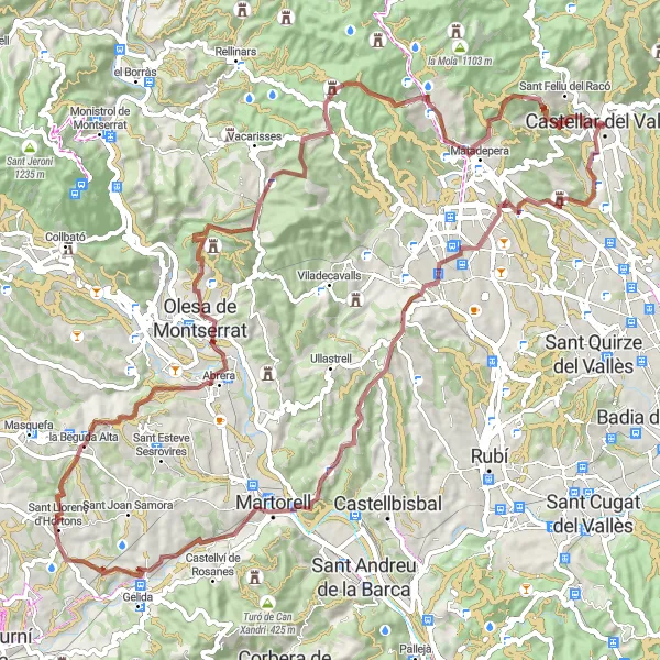 Miniaturní mapa "Gravelová trasa skrz pohoří s výhledy" inspirace pro cyklisty v oblasti Cataluña, Spain. Vytvořeno pomocí plánovače tras Tarmacs.app