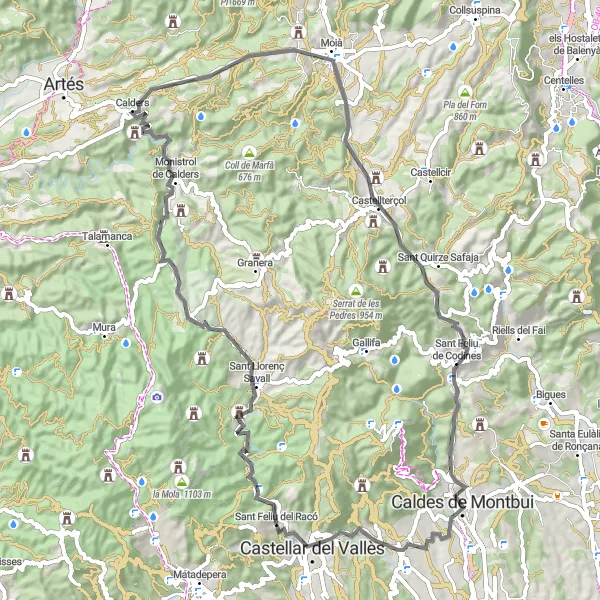 Miniatuurkaart van de fietsinspiratie "Ontdekkingstocht langs Caldés de Montbui" in Cataluña, Spain. Gemaakt door de Tarmacs.app fietsrouteplanner