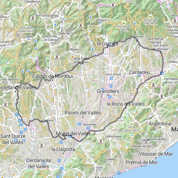 Miniaturní mapa "Okruh kolem la Garriga" inspirace pro cyklisty v oblasti Cataluña, Spain. Vytvořeno pomocí plánovače tras Tarmacs.app
