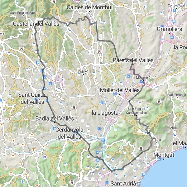 Miniature de la carte de l'inspiration cycliste "Le Tour des Villages de Castellar del Vallès" dans la Cataluña, Spain. Générée par le planificateur d'itinéraire cycliste Tarmacs.app