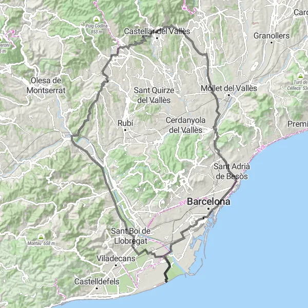 Miniatura mapy "114-km Trasa Szosowa wokół Montjuïc" - trasy rowerowej w Cataluña, Spain. Wygenerowane przez planer tras rowerowych Tarmacs.app