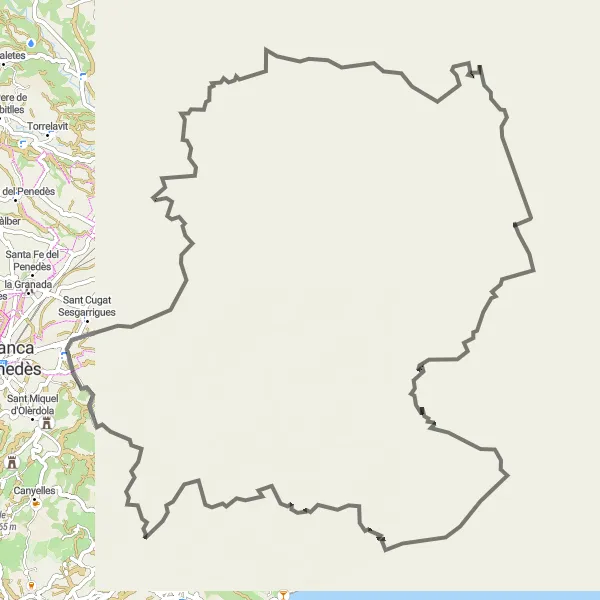 Miniatura della mappa di ispirazione al ciclismo "Alla scoperta di Castelldefels in sella alla bici" nella regione di Cataluña, Spain. Generata da Tarmacs.app, pianificatore di rotte ciclistiche