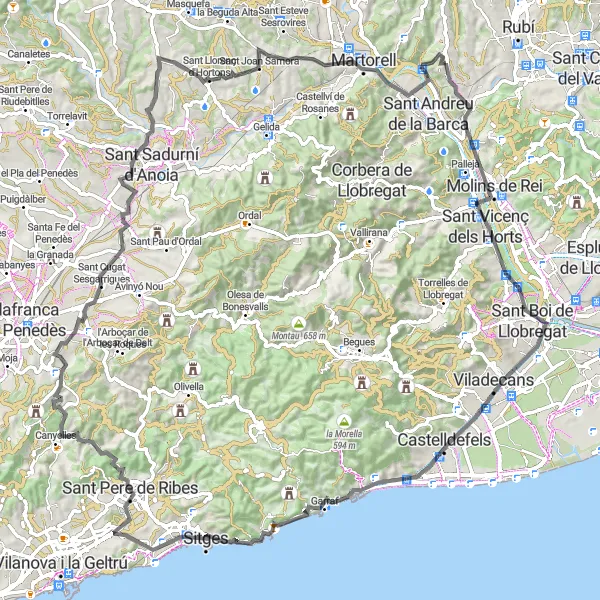 Miniaturní mapa "Kola do Sitges a Sant Pere de Ribes" inspirace pro cyklisty v oblasti Cataluña, Spain. Vytvořeno pomocí plánovače tras Tarmacs.app