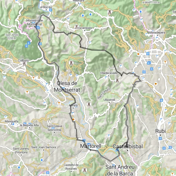 Map miniature of "The Castellbisbal to Turó de la Guineueta Loop" cycling inspiration in Cataluña, Spain. Generated by Tarmacs.app cycling route planner