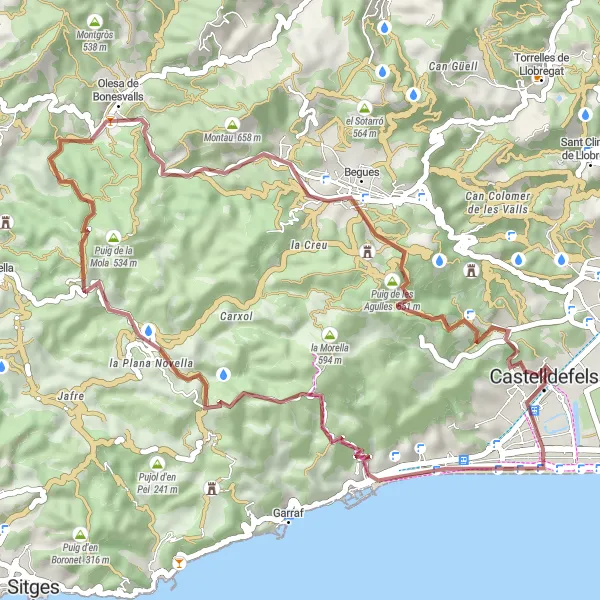 Miniaturní mapa "Gravelová cyklostezka k Olesa de Bonesvalls" inspirace pro cyklisty v oblasti Cataluña, Spain. Vytvořeno pomocí plánovače tras Tarmacs.app