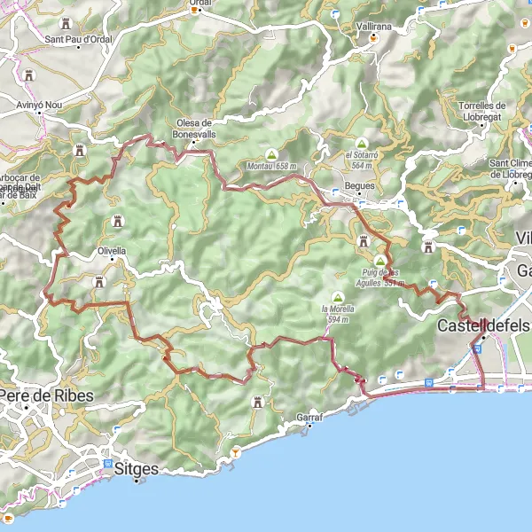 Miniaturní mapa "Gravelová trasa s výhledem na Olesa de Bonesvalls" inspirace pro cyklisty v oblasti Cataluña, Spain. Vytvořeno pomocí plánovače tras Tarmacs.app