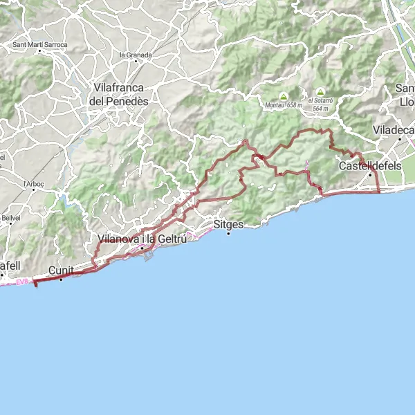 Miniature de la carte de l'inspiration cycliste "Aventure en Gravel à Castelldefels" dans la Cataluña, Spain. Générée par le planificateur d'itinéraire cycliste Tarmacs.app