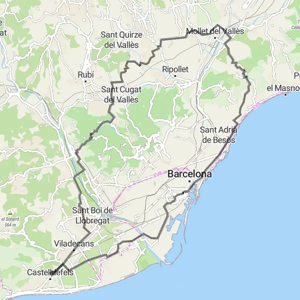 Miniatua del mapa de inspiración ciclista "Ruta en Carretera de Castelldefels" en Cataluña, Spain. Generado por Tarmacs.app planificador de rutas ciclistas