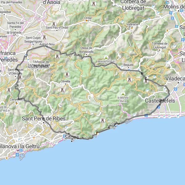 Karten-Miniaturansicht der Radinspiration "Rundtourenroute durch Garraf und Sant Pere de Ribes" in Cataluña, Spain. Erstellt vom Tarmacs.app-Routenplaner für Radtouren