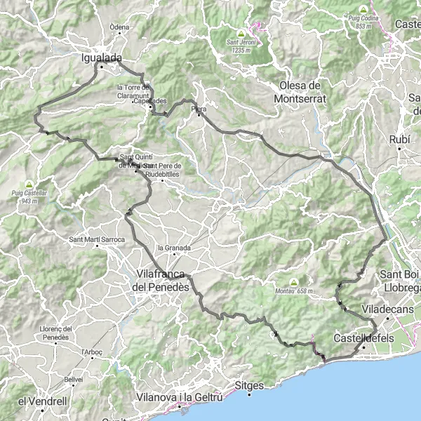 Miniatura della mappa di ispirazione al ciclismo "Strada Panoramica di Castelldefels" nella regione di Cataluña, Spain. Generata da Tarmacs.app, pianificatore di rotte ciclistiche