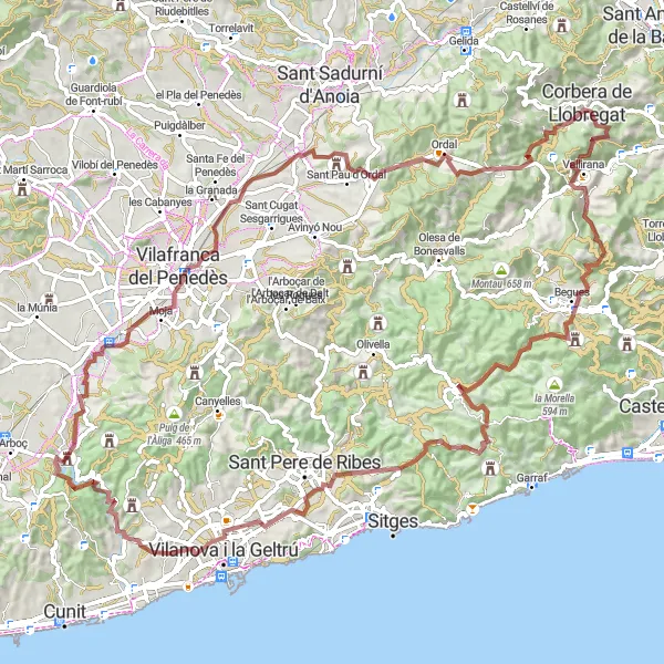 Miniature de la carte de l'inspiration cycliste "Parcours de 103 km en gravier près de Castellet" dans la Cataluña, Spain. Générée par le planificateur d'itinéraire cycliste Tarmacs.app