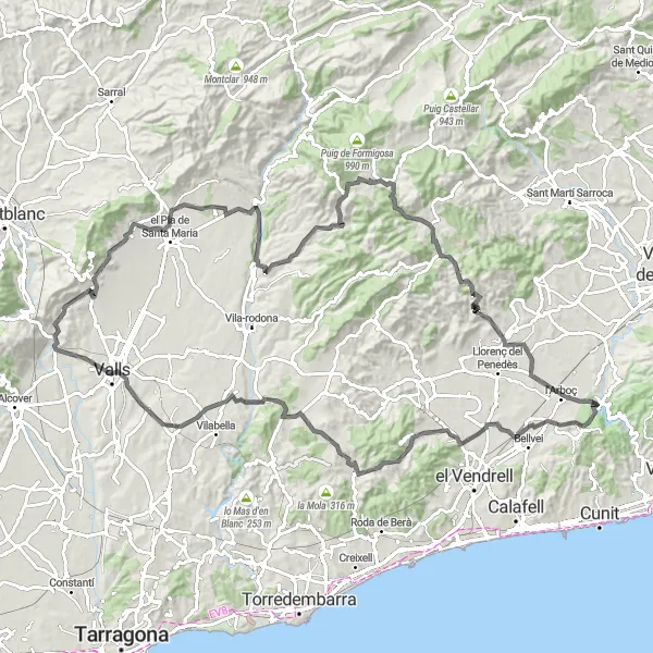 Map miniature of "Cycling loop near Castellet" cycling inspiration in Cataluña, Spain. Generated by Tarmacs.app cycling route planner