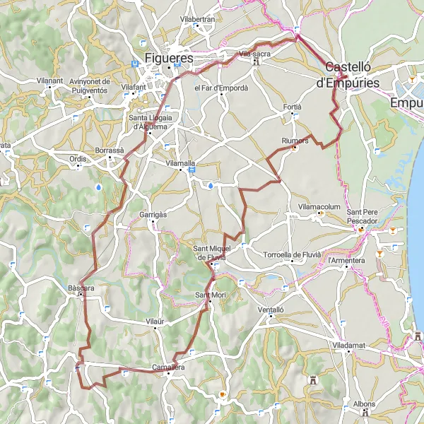Miniatura della mappa di ispirazione al ciclismo "Rotta ciclistica gravel tra Castelló d'Empúries e Vila-sacra" nella regione di Cataluña, Spain. Generata da Tarmacs.app, pianificatore di rotte ciclistiche
